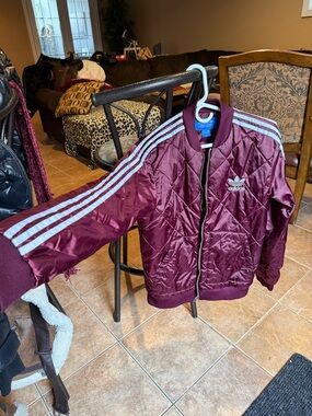 Adidas Maroon Satin Quilted Bomber Jacket